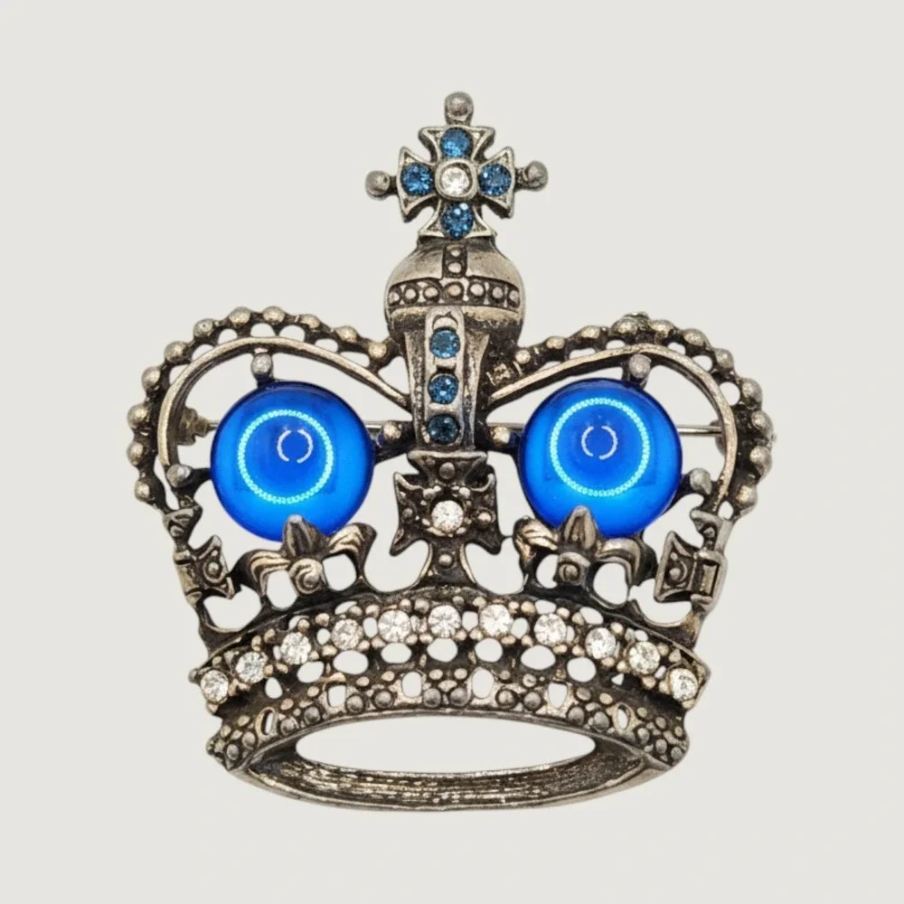 Vintage Crown Brooch Blue Cabochon Rhinestone Royal Imperial Victorian Style
